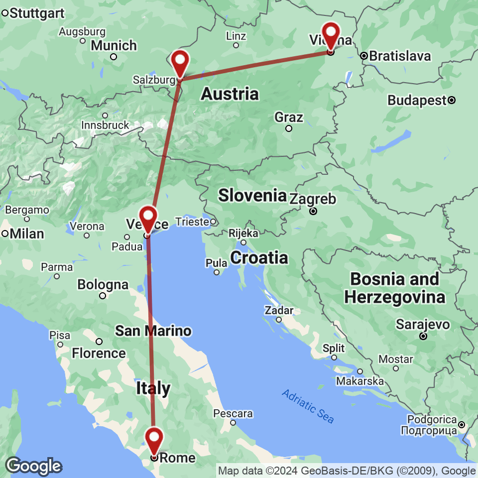 Route for Rome, Venice, Salzburg, Vienna tour